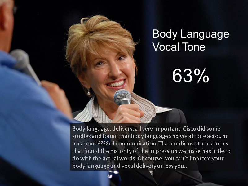 Body Language Vocal Tone 63% Body language, delivery, all very important. Cisco did some